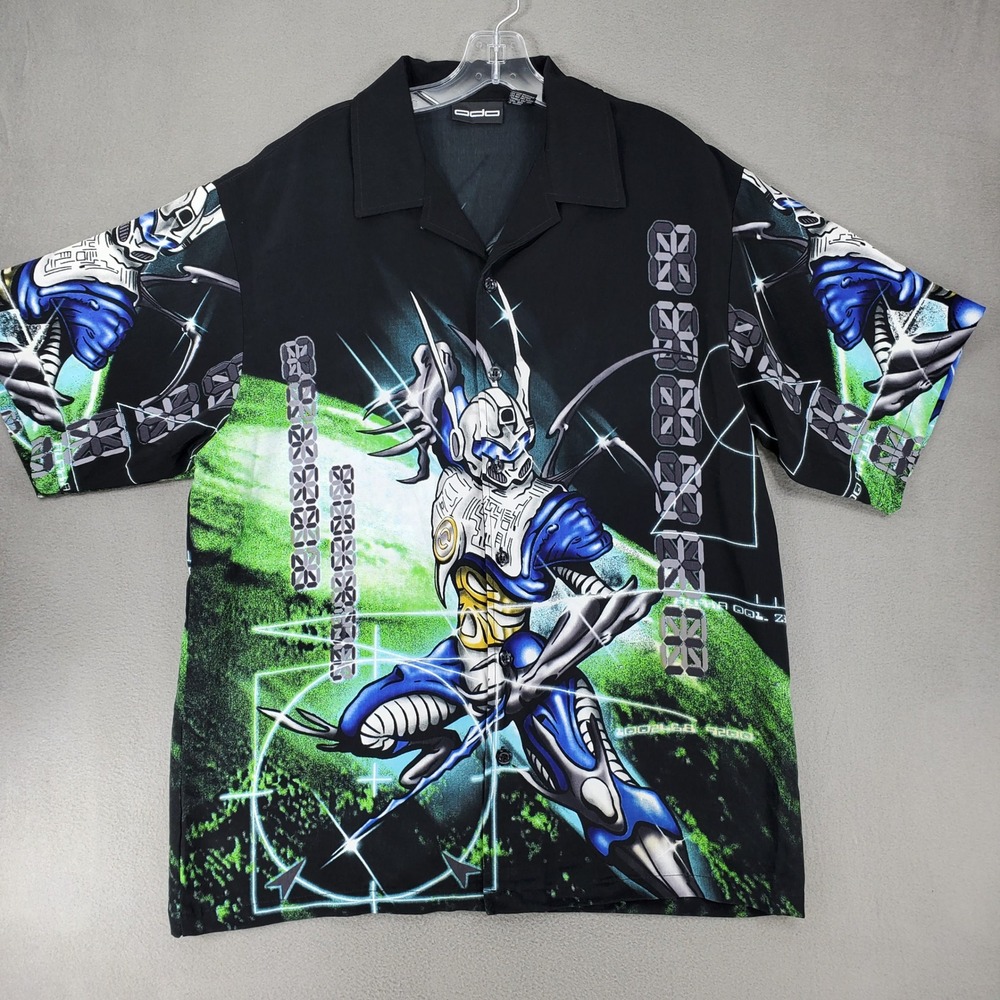 ODO Button Down Shirt Sz L Black Graphic Mecha Sci-Fi Y2K Cybercore Short Sleeve